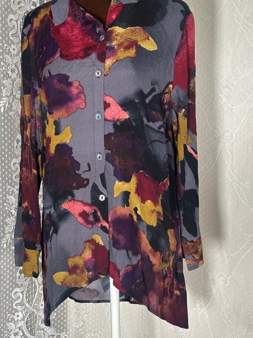 Habitat Gray Button-Down Shirt with Red, Purple & Yellow Floral Print